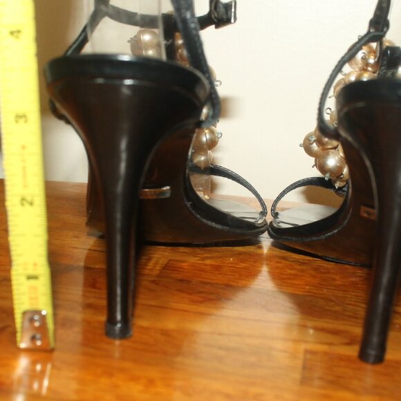 $299 Lenny e Cia Black Pearl Embellished Strappy Stiletto Heels Sandals 37 6.5 - Picture 7 of 8
